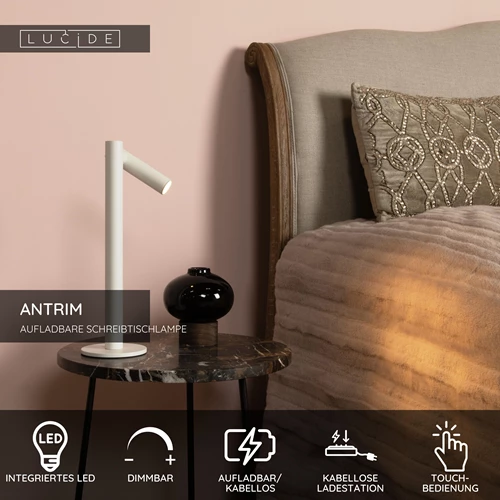 Lucide ANTRIM - wiederaufladbare Schreibtischlampe Innen/Außen - Akku/Batterie - LED Dim. - 1x2,2W 2700K - IP54 - Mit kabelloser Ladestation - Weiß - USP